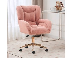 005 Volledig KD Teddy stoffen draaistoel met verstelbare hoogte voor thuiswerkplek, met gouden poten, roze