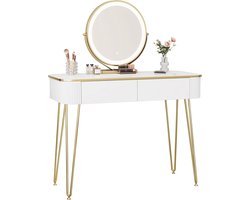 0057SZT Make-uptafel met ledverlichting, instelbare helderheid, kaptafel met spiegel, 3 kleuren, kaptafel met 2 houten laden, met metalen poten, 100 x 40 cm, modern, wit/goud