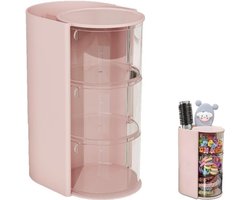 1 artikel - Haaraccessoires organizer - Draaibare make-upkwastenhouder - Draaibare sieraden organizer - Bureau organizer - Stofdicht - 3 lades - Voor oorbellen, ringen, make-upkwasten en haaraccessoires - Roze - Plaats op de make up tafel