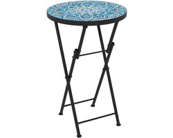 1-delige tuintafel – Mozaïekpatroon – Opvouwbaar – Ronde terrastafel – Metalen frame – Keramisch tafelblad – Blauw