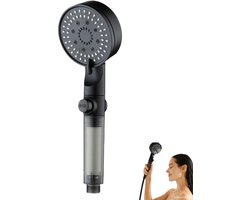 1 Douchekop voor hard water - 27 × 9 cm - 5 sproeipatronen - Handdouche met hogedruk-waterontharder en koolstoffilter - Geschikt voor een droge huid en droog haar - Zwart