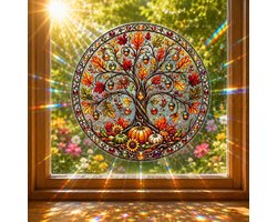 1 Glas-in-lood raamsticker - Raamfolies - Raamsticker Boom des Levens - Ronde Zonnevanger - Statische Folie voor Glas - Herfstdecoratie - Verwijderbaar en Herbruikbaar - Woonaccessoire - Kleurrijk Lichtspel - 20×20 cm