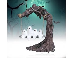 1 Halloween Spookornament - 16×6×16cm - Hars - Klein spookbeeldje op een schommel - Geschikt voor woonkamer, kast, tafel, bureau, feestjes, schoorsteenmantel of keuken