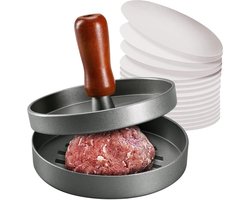 1 Hamburger Patty-vorm en 100 vellen 11 cm hamburgerpatty-papier - Vleesstempel van aluminiumlegering - Handvat van palissanderhout - Ronde hamburgerpatty-vorm - Praktisch keukengereedschap