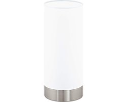 1 lichtbron tafellamp bedlampje van staal - kleur nikkel mat - satijn wit glas - fitting E27 - inclusief schakelaar.