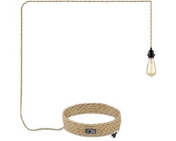 1-Lichts henneptouwlamp met stekker (4,5 m) – Vintage hanglamp met stekker en schakelaar – Zwarte fitting met snoer – DIY-hanglamp voor eetkamer & slaapkamer (lichtbron niet inbegrepen)