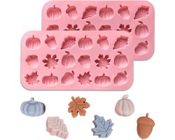 1 paar siliconen mallen - voor het maken van chocolade, herfst esdoornblad, eikel en pompoen vormen - 20,4 × 10,8 × 1,3 cm - 3D - 36 holte snoep mallen - geschikt voor Thanksgiving, oogst thema's, snoep, pudding, gelei maken - roze