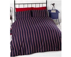 1-persoons dekbedovertrek (dekbed hoes) “don’t wake me up” donkerblauw (navy blauw) met rood witte tekst en sterren / sterretjes (achterzijde gestreept) eenpersoons 140 x 200 cm (stoer beddengoed tiener slaapkamer!)