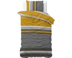 1-persoons dekbedovertrek (dekbed hoes) goud geel (okergeel) gestreept met smalle strepen / banen in het zwart, wit en antraciet grijs GEMENGD KATOEN eenpersoons 140 x 220 cm (trendy beddengoed slaapkamer)