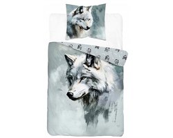 1-persoons dekbedovertrek (dekbed hoes) grijs met wolf in aquarel geschilderd (tekening wild dier) KATOEN eenpersoons 140 x 200 cm (stoere beddengoed natuur slaapkamer)