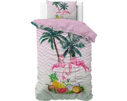 1-persoons dekbedovertrek (dekbed hoes) roze – wit met flamingo’s (vogels) onder palmbomen met tropisch fruit (ananas, meloen, kokosnoot, bananen) eenpersoons 140 x 220 cm (meiden beddengoed / slaapkamer tieners, cadeau idee Sint & Kerst!)