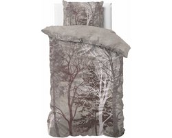 1-persoons dekbedovertrek (dekbed hoes) taupe – bruin met bomen, takken, bladeren, dennenbomen (spar) in bos / natuur (contour) KATOEN eenpersoons 140 x 220 cm (LUXE beddengoed slaapkamer, cadeau idee Sint & Kerst!)
