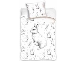 1-persoons dekbedovertrek (dekbed hoes) wit met kleine schattige konijntjes / konijnen (haasjes / rabbit / dier) met stippen (schets, tekening, silhouet) KATOEN eenpersoons 140 x 200 cm (lief beddengoed kinderen en volwassenen, Sint & Kerst cadeau!)