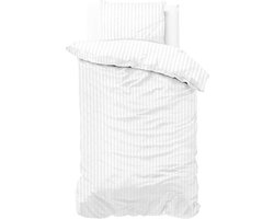 1-persoons dekbedovertrek (dekbed hoes) wit / off-white gestreept met fijne smalle strepen / banen eenpersoons 140 x 220 cm (rustig uni / effen beddengoed / hotel!)