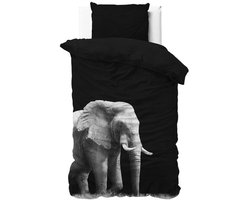 1-persoons dekbedovertrek (dekbed hoes) zwart met grote grijze olifant met slagtanden (fotoprint elephant) eenpersoons 140 x 220 cm (dieren thema beddengoed))