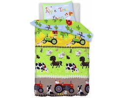 1-Persoons dekbedovertrek (dekbedhoes) boerderij met trekker (tractor) en boerderijdieren (koe, paard, schaap, kip, eend) in groene weide met appelbomen 140 x 200 cm (beddengoed kinderkamer)