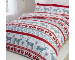 1-persoons flanellen dekbedovertrek (dekbed hoes) wit / grijs / rood met rendieren (ree / hert / eland), hartjes en vogeltjes in Scandinavisch design (rode strepen) FLANEL eenpersoons 140 x 200 cm, warm en zacht teddy beddengoed voor de koude winter!