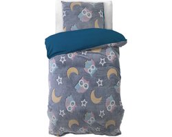 1-persoons fleece (microfleece / flanel) kinder dekbedovertrek (dekbed hoes) blauw - grijs “nacht uilen” met uiltjes / vogels tussen gele maan en sterren / sterretjes glow-in-the-dark eenpersoons 140 x 220 cm (warm en zacht teddy voor najaar/ winter)