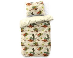 1-persoons jongens dekbedovertrek (dekbed hoes) beige / crème met dino’s (T-rex dinosaurus) tussen groene bomen en struiken, eenpersoons 140 x 220 cm (beddengoed voor peuters, kleuters, kinderen)