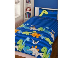 1-persoons jongens dekbedovertrek (dekbed hoes) blauw gestreept (strepen) met vrolijke grappige dinosauriërs (T-Rex dinosaurus) in grijs / groen / oranje eenpersoons 140 x 200 cm (kinderkamer)