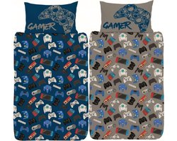 1-persoons jongens dekbedovertrek (dekbed hoes) blauw - grijs met gekleurde controllers / afstandsbediening van spelcomputers / computerspel Playstation, Nintendo Wii, Switch voor gamers eenpersoons 140 x 200 cm (stoer beddengoed tieners / game room)