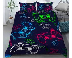 1-persoons jongens dekbedovertrek (dekbed hoes) "gamer for life" zwart met allerlei game controllers in felle neon kleuren (roze, groen, wit en blauw) van Playstation spelcomputer eenpersoons 140 x 200 cm (cadeau idee!)