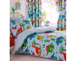 1-persoons jongens dekbedovertrek (dekbed hoes) lichtblauw / blauw met fel gekleurde dino's / dinosauriërs (T-Rex dinosaurus) tussen planten, bomen en vulkaan eenpersoons 140 x 200 cm (stoer dieren beddengoed kinderkamer)