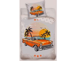 1-persoons jongens dekbedovertrek (dekbed hoes) “retro oldtimer auto” licht grijs met oranje Amerikaanse Beverly Hills auto (car / wagen) met palmbomen en sterren KATOEN eenpersoons 140 x 200 cm (stoer beddengoed kinderkamer!)