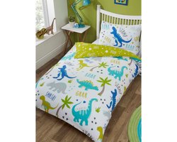 1-persoons jongens dekbedovertrek (dekbed hoes) wit met blauwe en groene dino’s / dinosaurus T-Rex / dinosauriërs tussen de bomen, met pootafdrukken en teksten eenpersoons 140 x 200 cm (stoer dieren beddengoed kinderkamer)