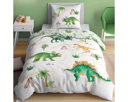 1-persoons jongens dekbedovertrek (dekbed hoes) wit met dino’s (T-rex dinosaurus, Stechosaurus) tussen groene bomen, struiken en stenen eenpersoons 140 x 200 cm
