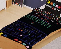 1-persoons jongens dekbedovertrek “Pac-Man retro” zwart met gekleurde Pacman poppetjes in computerspel (game over Space invaders) eenpersoons 140 x 200 cm (stoere dekbed hoes voor gamers / tieners!)