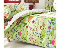 1-persoons kinder dekbedovertrek (dekbed hoes) groen “natuur” met wilde bloemen en dieren: egels, muizen, kikkers, vlinders, bijen en insecten eenpersoons 140 x 200 cm (flora en fauna beddengoed kinderkamer, cadeau idee Sint & Kerst!)