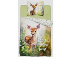 1-persoons kinder dekbedovertrek (dekbed hoes) met lief hertje (ree / hert) tussen het groen in het bos / natuur KATOEN eenpersoons 140 x 200 cm (lief beddengoed kinderkamer dieren thema)