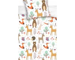 1-persoons kinder dekbedovertrek (dekbed hoes) wit met bosdieren: beer, hert, vos, egel, konijn en uil tussen planten en bomen in het bos / natuur KATOEN eenpersoons 140 x 200 cm (lief beddengoed kinderkamer)