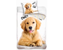 1-persoons kinder dekbedovertrek (dekbed hoes) wit met schattige golden retriever hond (dog / pup / huisdier) KATOEN eenpersoons 140 x 200 cm (dieren beddengoed kinderkamer / jongens meisjes slaapkamer!)