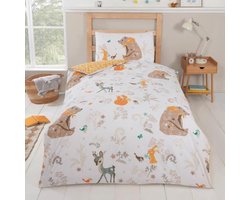 1-persoons kinder dekbedovertrek (dekbed hoes) "Woodland friends" wit met natuur bos dieren (beer, hert, konijn, vos, vogels) met bladeren, planten en bloemen eenpersoons 140 x 200 cm (beddengoed kinderkamer, slaapkamer jongens en meisjes))