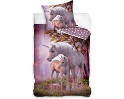 1-persoons meisjes dekbedovertrek (dekbed hoes) “magical unicorn met veulen” lila paars met eenhoorn (paard / pony) met jong in het bos tussen de lavendel bloemen KATOEN eenpersoons 140 x 200 cm (lief dieren beddengoed meiden slaapkamer)