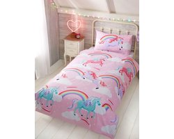 1-persoons meisjes dekbedovertrek (dekbed hoes) "my little unicorn" roze met eenhoorns (paard / pony) tussen de regenbogen (regenboog), wolken en sterren / sterretjes eenpersoons 140 x 200 cm (lief beddengoed kinderkamer / slaapkamer!)