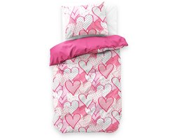 1-persoons meisjes dekbedovertrek (dekbed hoes) roze – wit met patchwork hartjes / harten en flamingo’s, bloemen e. a. droedels eenpersoons 140 x 220 cm (lief beddengoed meiden slaapkamer, tieners!)