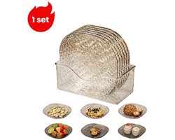 1 set - Borden - Bottenbord - Transparant klein huishoudbordje met waterrimpelpatroon - Fruit- en snackbordje voor op tafel - Borden * 6 - Opbergdoos * 1 - Transparant wit