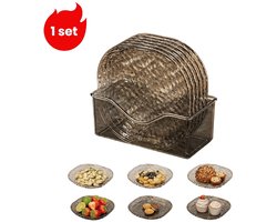 1 set - Borden - Bottenprikbord - Transparante kleine huishoudbordjes met waterrimpelpatroon - Fruit- en snackbordjes voor op tafel - Borden * 6 - Opbergdoos * 1 - Transparant grijs