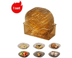 1 set - Borden - Schaafbord - Transparant klein huishoudbord met waterrimpelpatroon - Fruit- en snackbord voor op tafel - Borden*6 - Opbergdoos*1 - Transparant goud