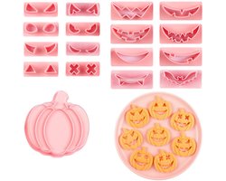 1 set - Halloween koekjesvormpjesset - Halloween koekjesvormpjes - Set koekjesvormpjes in de vorm van een geperste pompoen - Koekjesstempel - Geëmboste fondantvorm - Roze - Geschikt voor suikerkoekjes, taartbodems, fondant, gebak