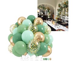 1 set - Saliegroene ballonnenset - Zachte macaronkleur - Feestbanner - Decoratieve aluminiumfolieballen - 30,48 cm - Voor verjaardagsfeest/babyshower met junglethema - Saliegroen - Groen - Goud