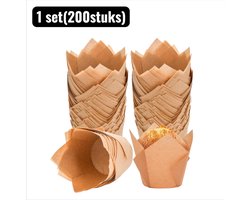 1 set（200stuks） - Bakvormen - Vlammende Tulpen Cakevormpjes - Voedselveilig Bakpapier Muffin Cups， Hittebestendig en Vetwerend voor Cupcakes en Gebak - Bruin