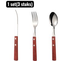 1 set（3 stuks） - Besteksets - Stijlvol 3-delig Bestekset RVS - Moderne Steakmes, Vork en Lepel met Ergonomisch Handvat - Roestvrij Staal - Roodbruin