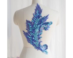 1 stuk applicatie met pailletten en veer, naaibaar borduurwerk, geborduurde kanten kanten uitsnijding en strass, bloemenborduurpatch voor doe-het-zelf uitsparing, bruiloft, bruidsjurk (blauw)