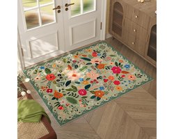 1 Stuk Binnenhuis Deurmat 60x90 cm - Badkamer Vloerkleed - Bloemen Design Tapijt - Wasmachinebestendig - Bohemian Stijl - Antislip Laagpolig Vloerkleed - Geschikt Voor Hal, Keuken, Voordeur, Kinderkamer (Groen)