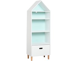 1 stuk - Boekenplanken - Witte boekenkast – Opbergkast voor speelgoed – 1 lade en 4 planken – Geschikt voor kinder- en tienerkamers – Wit en blauw – 50 x 30 x 142 cm