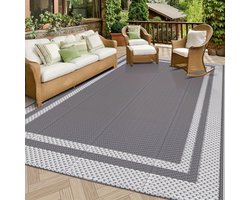 1 stuk buitenmat 122x183 cm - Omkeerbare en draagbare plastic stro mat voor kamperen - Buitenkampeer en camper mat - Grote waterdichte buitenmat - Geschikt voor terras, dek, portiek en balkon (Wit en Grijs)